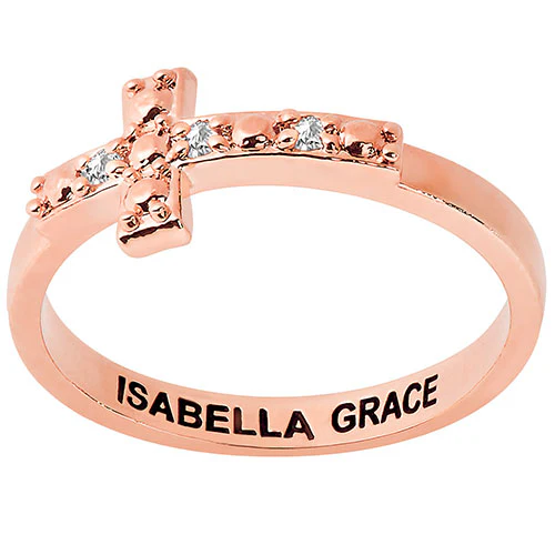 14K Rose Gold Plated Engraved Diamond Accent Cross Ring