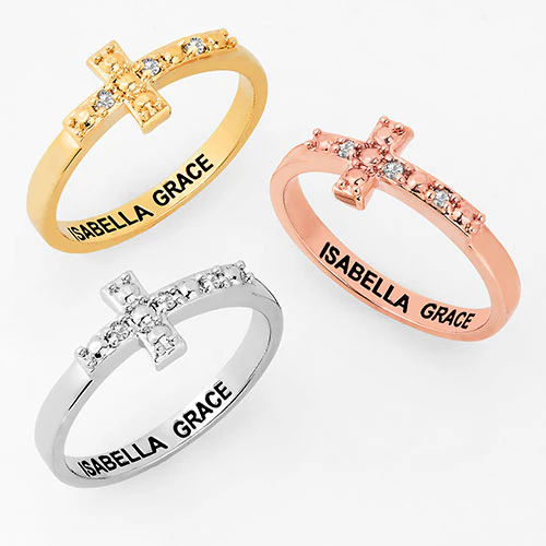 14K Rose Gold Plated Engraved Diamond Accent Cross Ring - Image 4