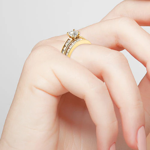14K Gold over Sterling Brilliant White Topaz 2 Piece Engraved Wedding Set - Image 3