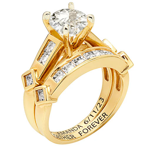 14K Gold over Sterling Brilliant White Topaz 2 Piece Engraved Wedding Set - Image 2