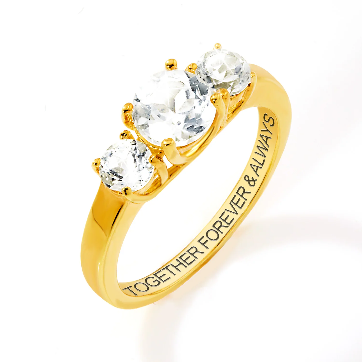 14K Gold over Sterling Brilliant White Topaz Three Stone Engraved Wedding Ring - Image 4