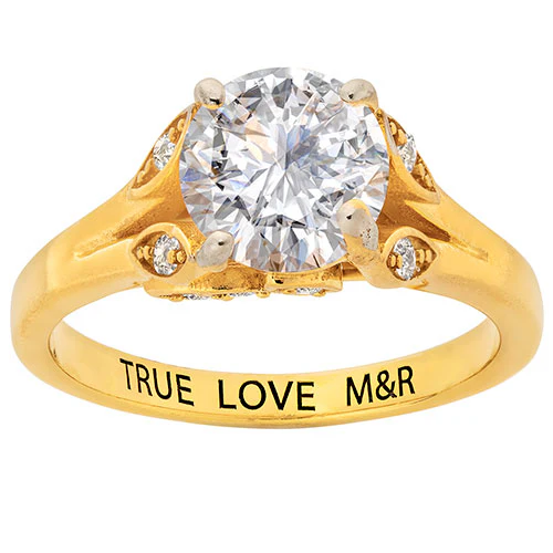 14K Gold over Sterling Brilliant White Topaz with Leaf Detail Engraved Wedding Ring - Image 3