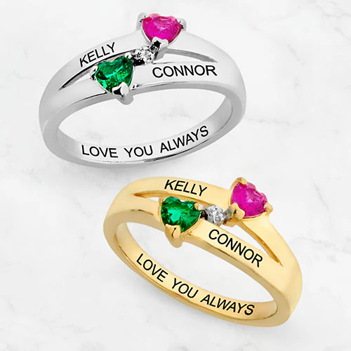 14K Gold over Sterling Couple's Birthstone Heart Diamond Accent Ring - Image 4