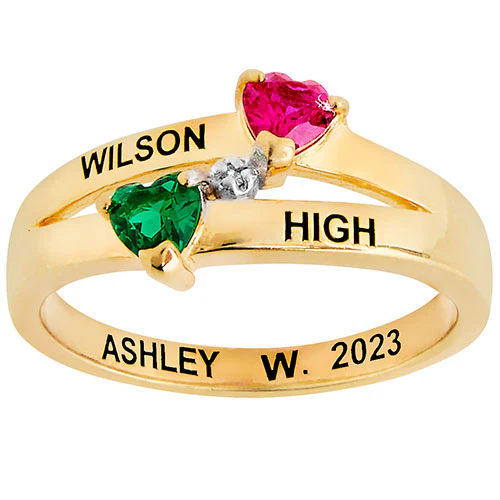 14K Gold over Sterling Double Birthstone Heart Diamond Accent Class Ring