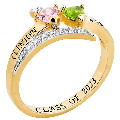 14K Gold over Sterling Double Heart Birthstone Bypass Diamond Accent Class Ring - Image 2