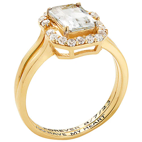 14K Gold over Sterling Emerald Cut White Topaz 2 Piece Engraved Wedding Set - Image 2