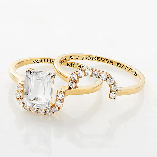 14K Gold over Sterling Emerald Cut White Topaz 2 Piece Engraved Wedding Set - Image 4
