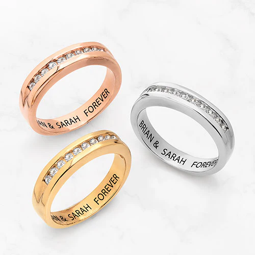 14K Gold over Sterling Engraved White Topaz Wedding Band - Image 4