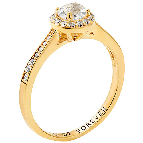 14K Gold over Sterling Halo White Topaz Solitaire Engraved Engagement Ring - Image 2