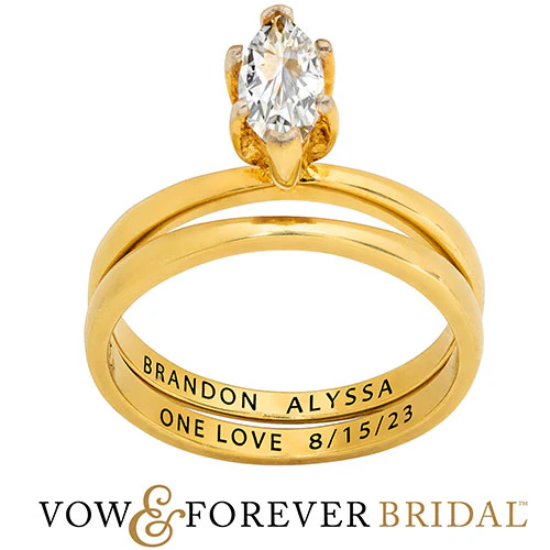 14K Gold over Sterling  Marquise White Topaz 2-Piece Engraved Wedding Ring Set