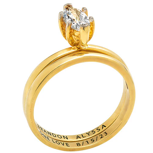 14K Gold over Sterling  Marquise White Topaz 2-Piece Engraved Wedding Ring Set - Image 2