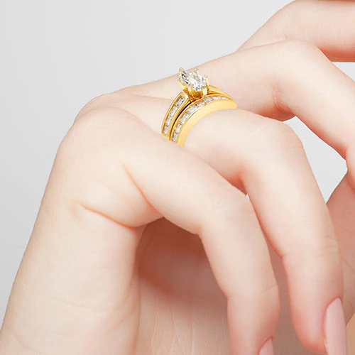 14K Gold over Sterling Marquise White Topaz 2 Piece Engraved Wedding Set - Image 3