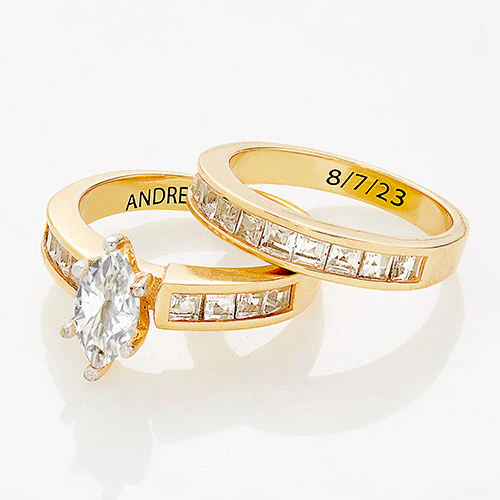 14K Gold over Sterling Marquise White Topaz 2 Piece Engraved Wedding Set - Image 4