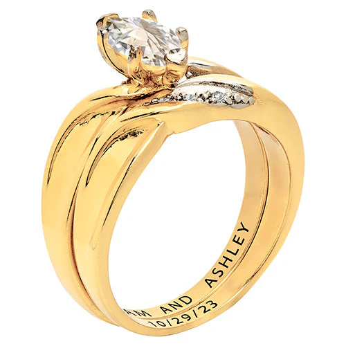 14K Gold over Sterling Marquise White Topaz Diamond Accent 2-Piece Engraved Wedding Ring Set - Image 2