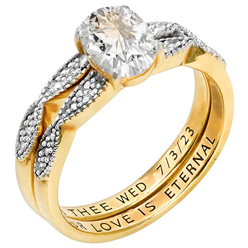 14K Gold over Sterling Oval White Topaz Diamond Accent 2-Piece Engraved Wedding Ring Set - Image 3