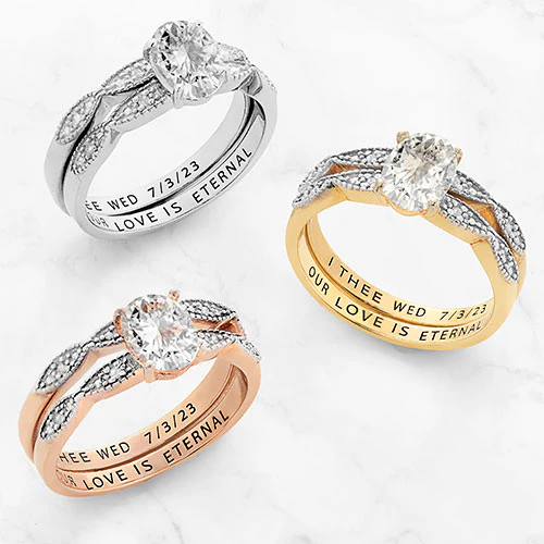 14K Gold over Sterling Oval White Topaz Diamond Accent 2-Piece Engraved Wedding Ring Set - Image 5