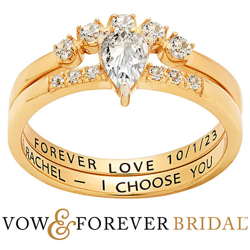 14K Gold over Sterling Pear White Topaz 2 Piece Engraved Wedding Set