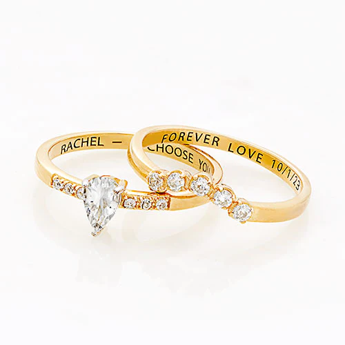 14K Gold over Sterling Pear White Topaz 2 Piece Engraved Wedding Set - Image 4