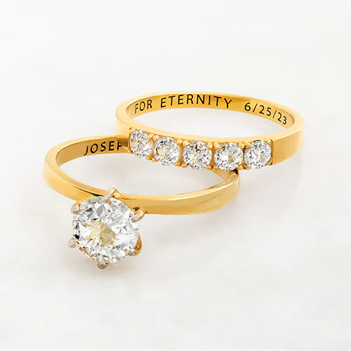 14K Gold over Sterling  Round White Topaz 2-Piece Engraved Wedding Ring Set - Image 4