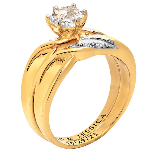 14K Gold over Sterling Round White Topaz Diamond Accent 2-Piece Engraved Wedding Ring Set - Image 2