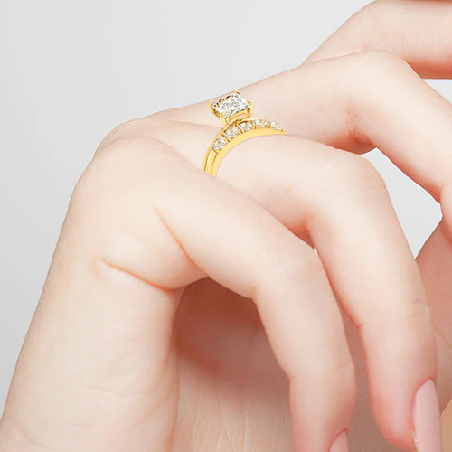 14K Gold over Sterling Square White Topaz 2-Piece Engraved Wedding Ring Set - Image 3