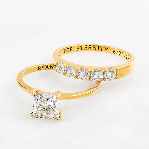 14K Gold over Sterling Square White Topaz 2-Piece Engraved Wedding Ring Set - Image 4