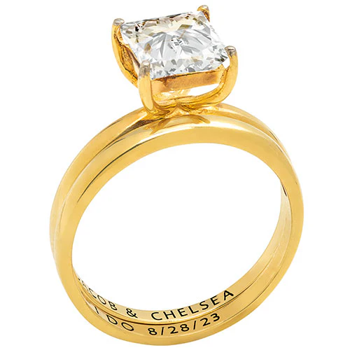 14K Gold over Sterling  Square White Topaz 2-Piece Engraved Wedding Ring Set - Image 2