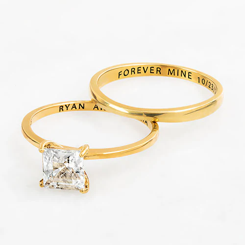14K Gold over Sterling  Square White Topaz 2-Piece Engraved Wedding Ring Set - Image 4