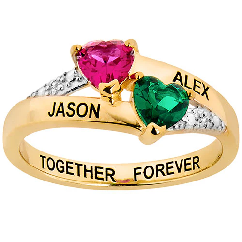 14K Gold Plated Couple's Birthstone Heart Diamond Accent Ring