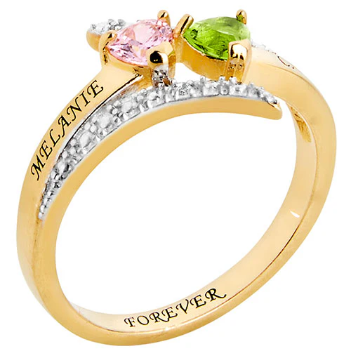 14K Gold Plated Couple's Heart Birthstone Bypass Diamond Accent Ring - Image 2