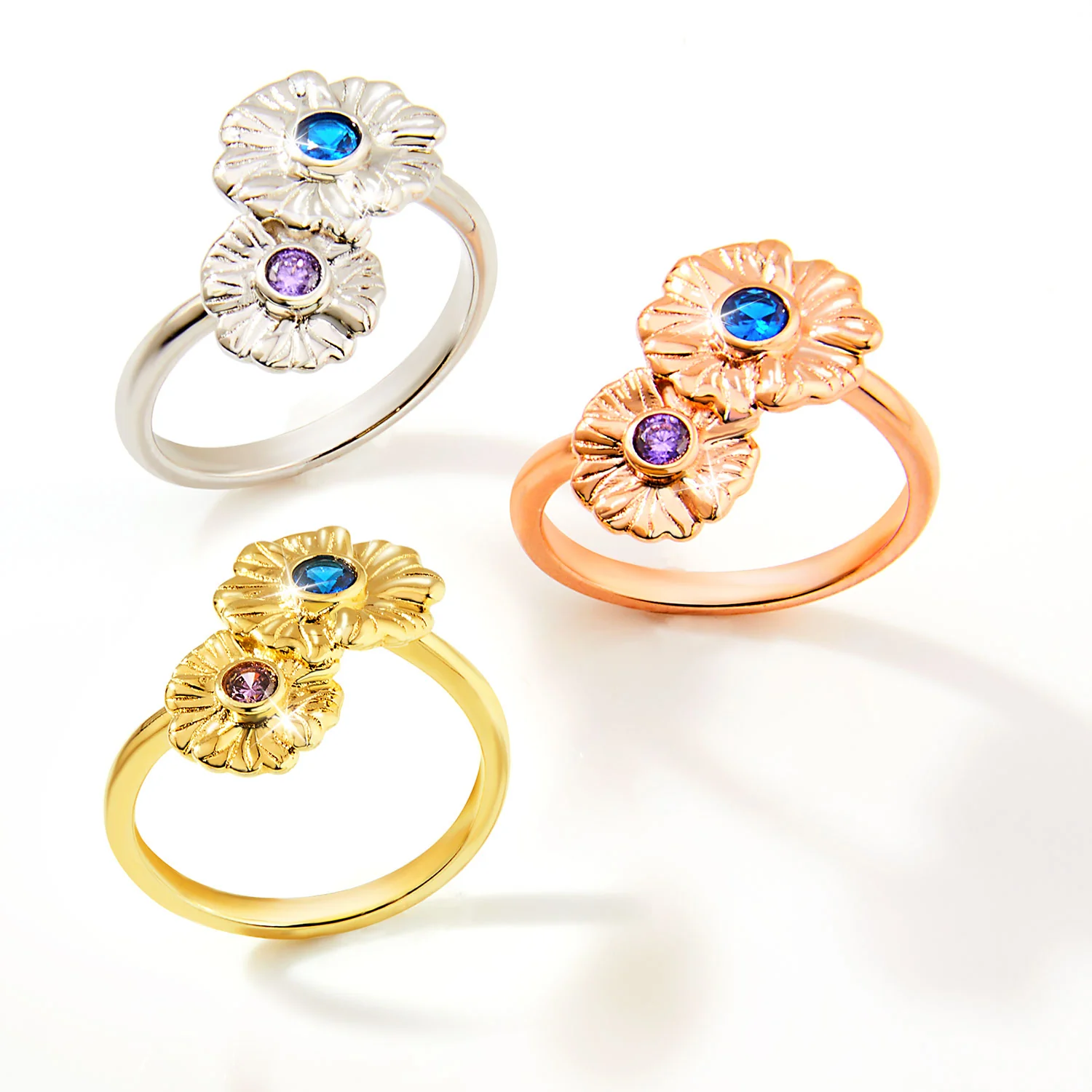 14K Gold Plated Double Flower Birthstone Ring - Image 3
