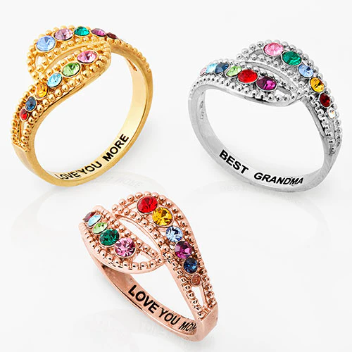 14K Gold Plated Curved Bypass Family Birthstone Ring - Image 4