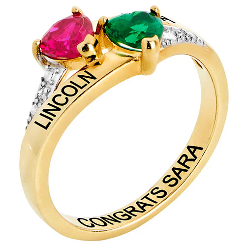 14K Gold Plated Double Birthstone Heart Diamond Accent Class Ring - Image 2