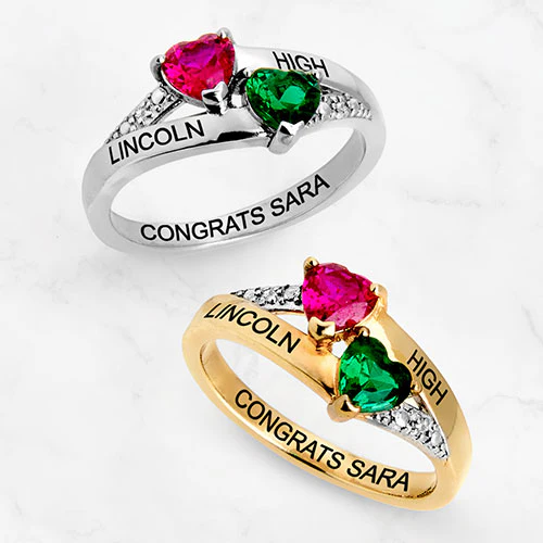 14K Gold Plated Double Birthstone Heart Diamond Accent Class Ring - Image 4