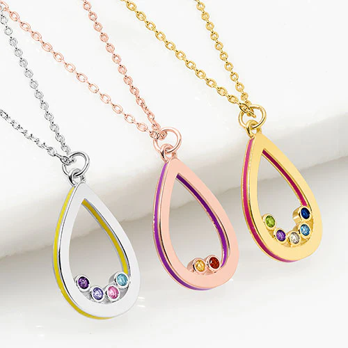14K Gold Plated Enamel Open Teardrop with Birthstones Necklace - 1 to 5 stones - Image 8