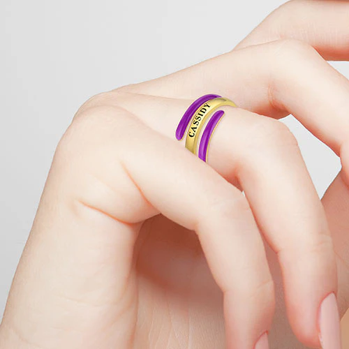 14K Gold Plated Engraved and Birth Month Enamel Bypass Ring - Image 3