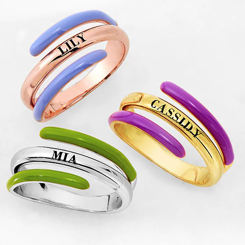 14K Gold Plated Engraved and Birth Month Enamel Bypass Ring - Image 4