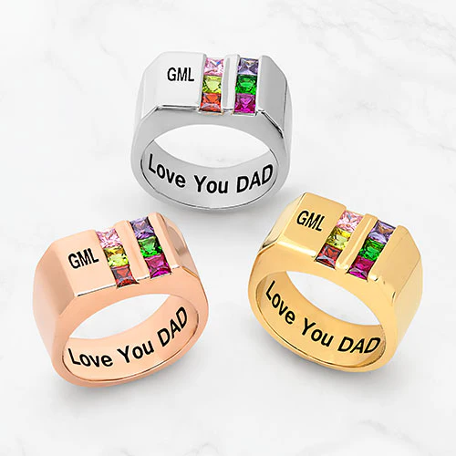 14K Gold Plated Engraved Double Row Birthstones Signet Ring - Image 4