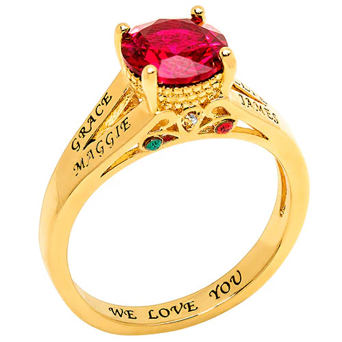 14K Gold Plated Engraved Family Birthstone with Diamond Accent Ring - Image 2