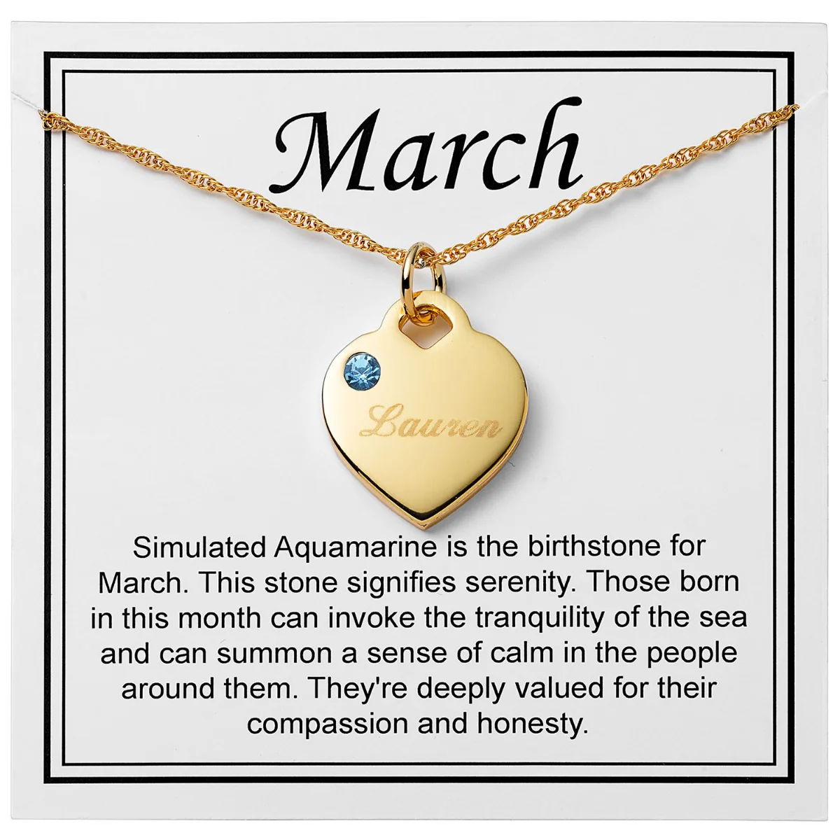 14K Gold Plated Engraved March Birthstone Heart Necklace