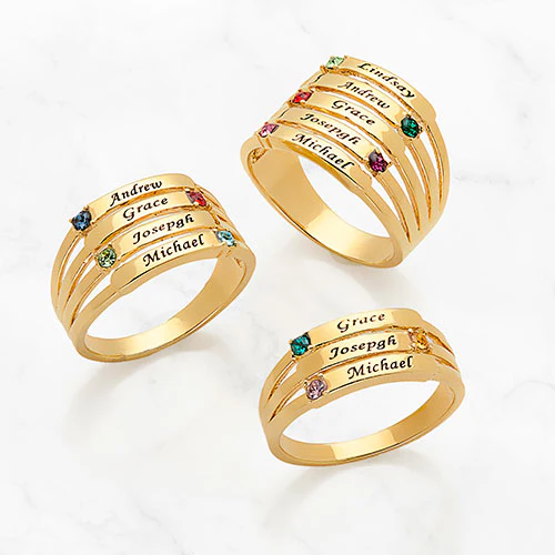 14K Gold Plated Engraved Name and Birthstone Faux Stack Ring