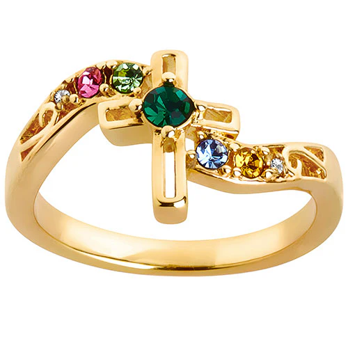14K Gold Plated Family Birthstone Diamond Accent Cross Ring