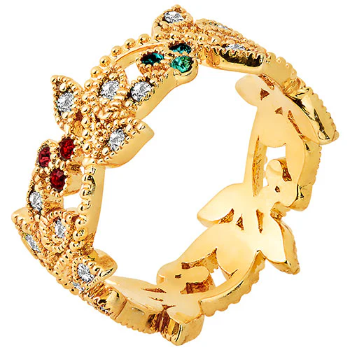 14K Gold Plated Family Birthstone with Clear Leaves Band Ring - Image 2