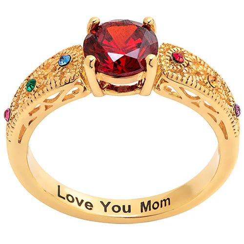 14K Gold Plated Filigree Family Birthstone Ring