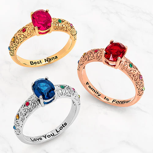 14K Gold Plated Fine Filigree Oval Family Birthstone Ring - Image 4