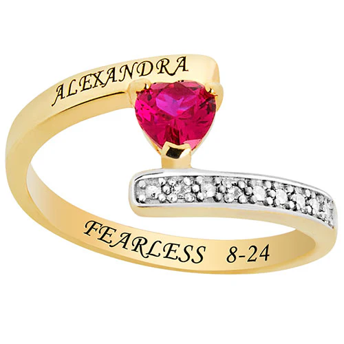 14K Gold Plated Heart Birthstone Bypass Diamond Accent Class Ring