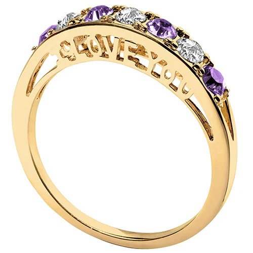 14K Gold Plated I LOVE YOU Simulated Amethyst and Clear Crystal Ring