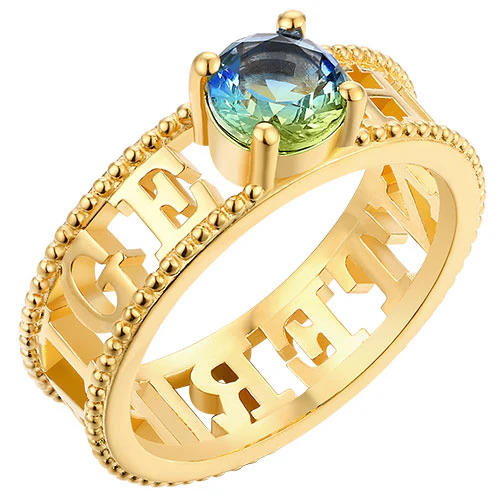 14K Gold Plated Iridescent Stone Double Name Beaded Ring - Image 2
