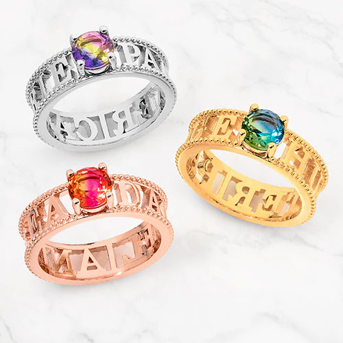 14K Gold Plated Iridescent Stone Double Name Beaded Ring - Image 5