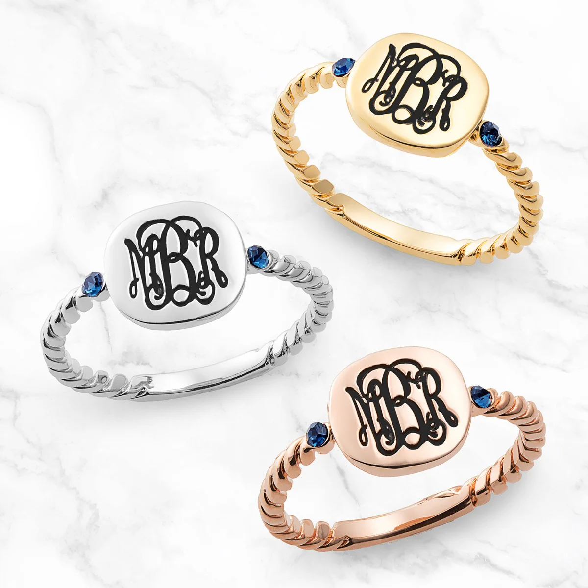 14K Gold Plated Petite Monogram Square with Birthstones Roped Band Ring - Image 3